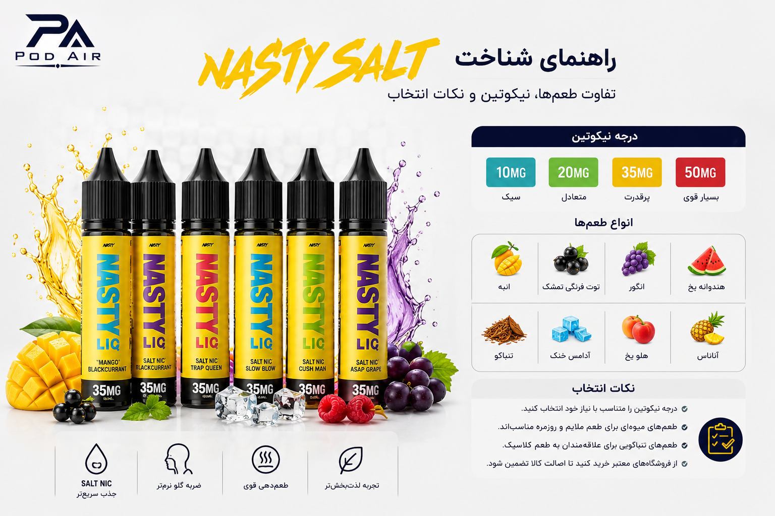 راهنمای شناخت Nasty Salt؛ تفاوت طعم‌ها، نیکوتین و نکات انتخاب