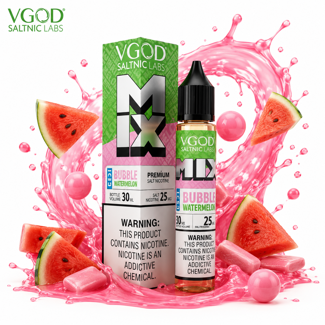 سالت ویگاد میکس  هندوانه و آدامس بادکنکی یخ  VGOD Mix Iced Bubble Watermelon SaltNic E-Liquid 30ml