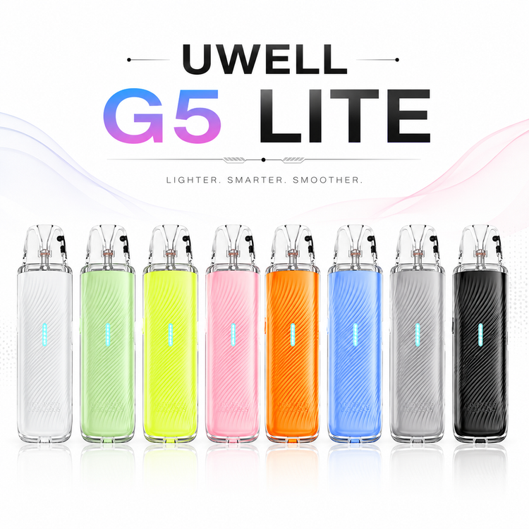 دستگاه پاد سیستم یوول جی 5 لایت UWELL G5 Lite در رنگبندی کامل با طراحی شفاف، بدنه سبک و کیفیت ساخت بالا