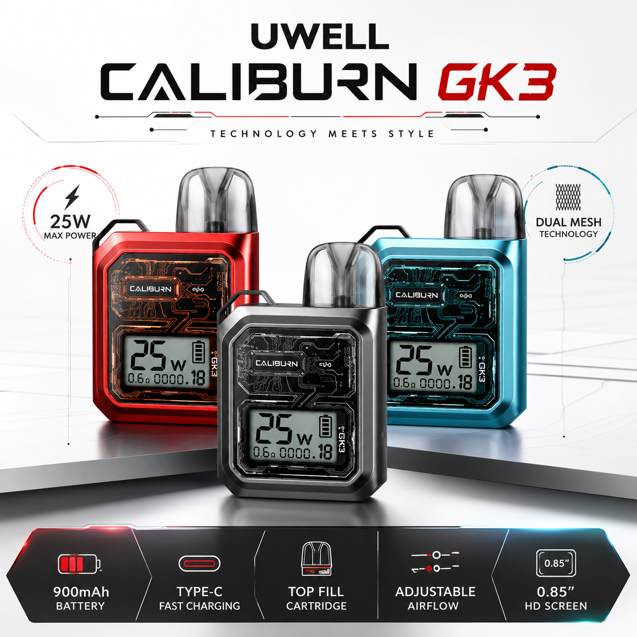 پاد سیستم یوول جی کی 3  UWELL CALIBURN GK3 با باتری 900 میلی‌آمپرساعت، توان 25 وات، نمایشگر 0.85 اینچی HD، شارژ سریع Type-C و جریان هوای قابل تنظیم