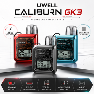 پاد سیستم یوول جی کی 3 UWELL CALIBURN GK3 با باتری 900 میلیآمپرساعت، توان 25 وات، نمایشگر 0.85 اینچی HD، شارژ سریع Type-C و جریان هوای قابل تنظیم