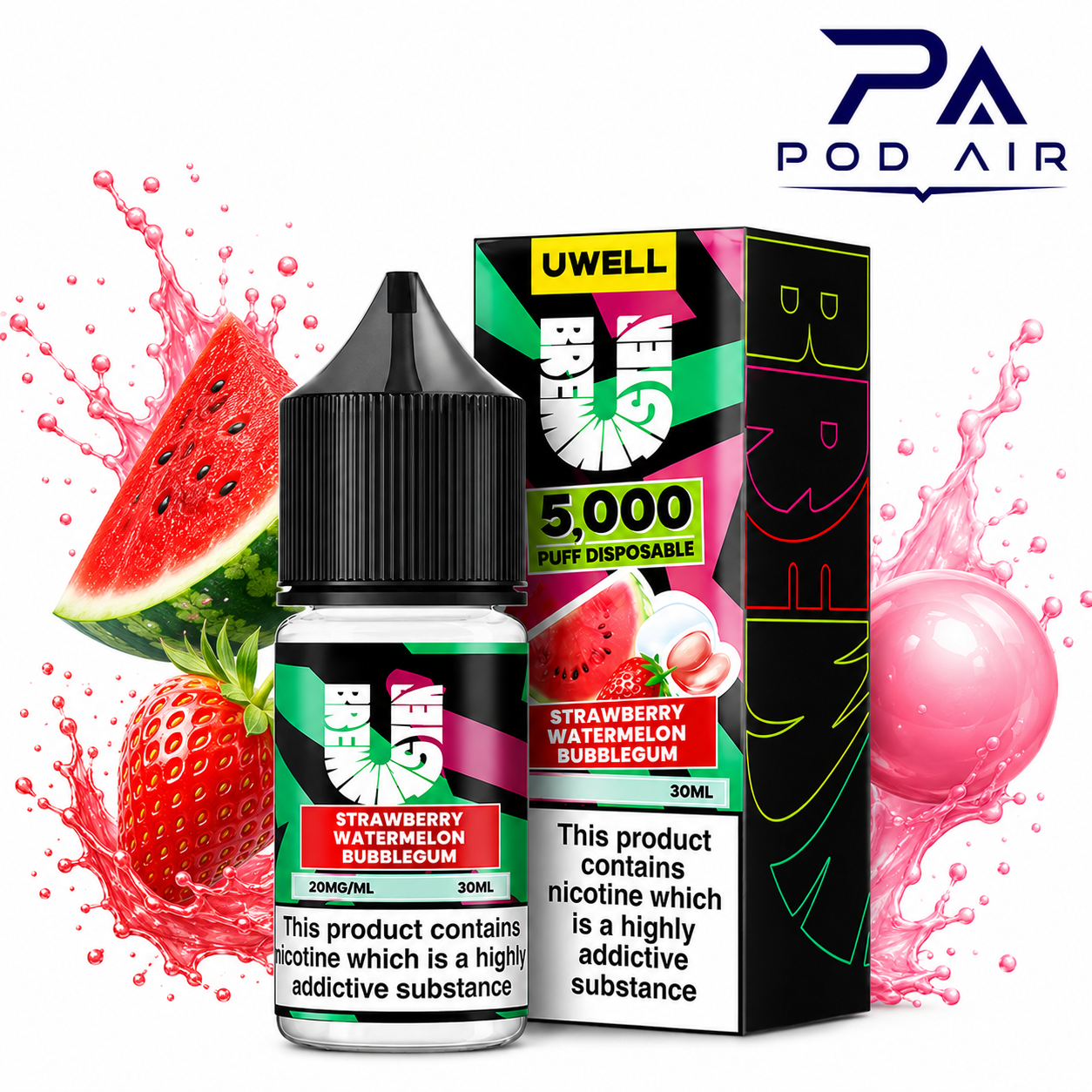 سالت توت فرنگی هندوانه آدامس بادکنکی کمپانی یوول | Uwell Salt Strawberry Watermelon Bubblegum 30ml