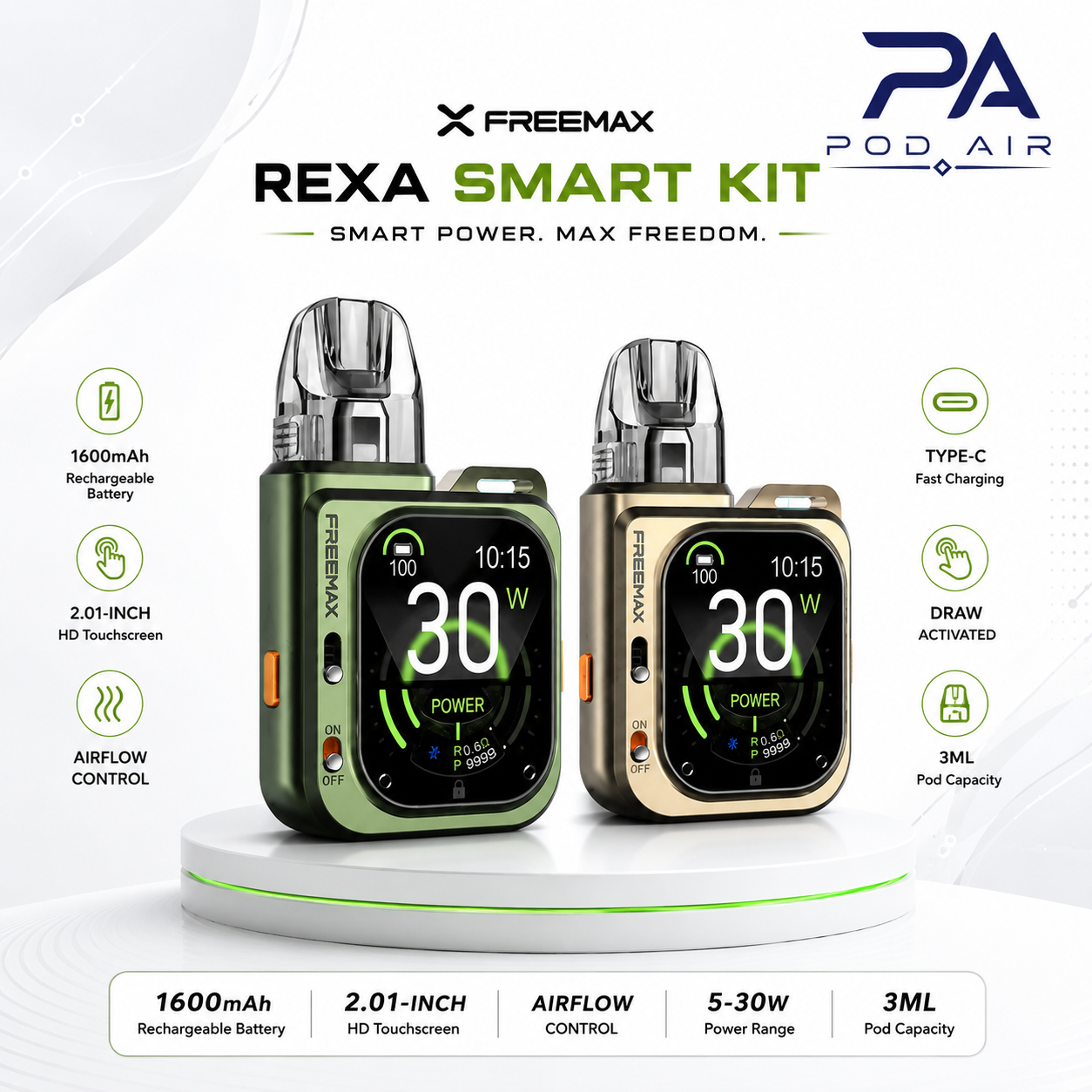پادسیستم فری‌مکس رکسا اسمارت Freemax Rexa Smart Pod Kit اورجینال با نمایشگر لمسی، باتری 1600 میلی‌آمپرساعت و توان 30 وات
