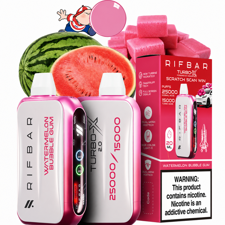 پاد یکبار مصرف ریف بار توربو ایکس 25000 پاف طعم هندوانه آدامس بادکنکی Watermelon Bubble Gum