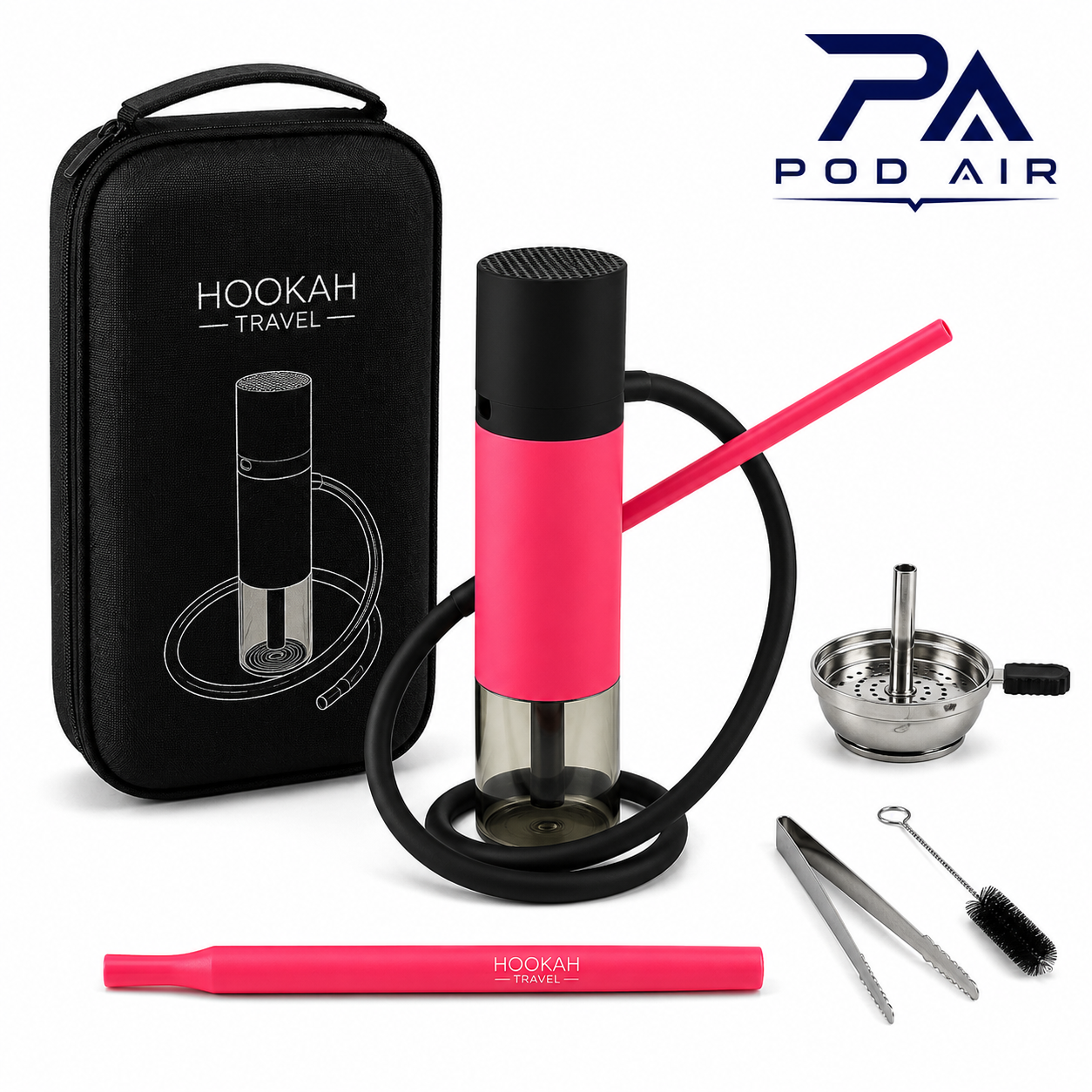 قلیان ماشینی هوکا رنگ قرمز مدل Portable Travel Hookah با بدنه فلزی، مخزن دودی و قطعات سرامیکی مناسب استفاده مسافرتی