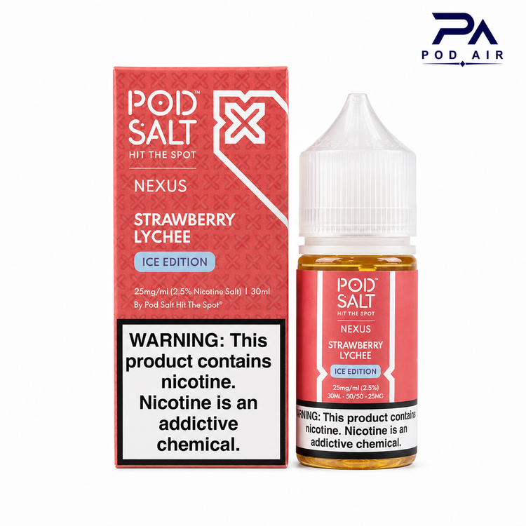 سالت نیکوتین Pod Salt با ترکیب توت فرنگی رسیده و لیچی به همراه یخ