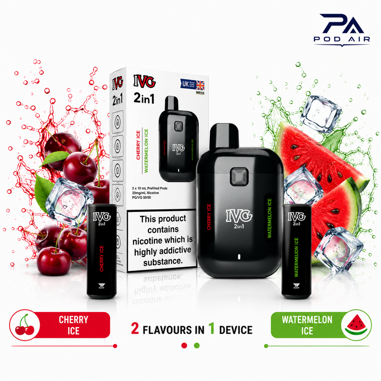 پاد IVG Air 2 in 1 مشکی با کپسولهای آلبالو یخ و هندوانه یخ