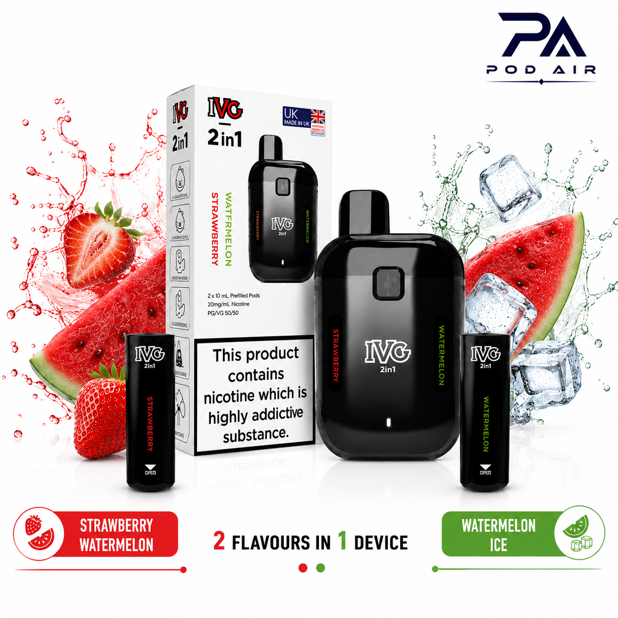 پاد IVG Air 2 in 1 مشکی با دو کپسول هندوانه یخ و هندوانه توت فرنگی