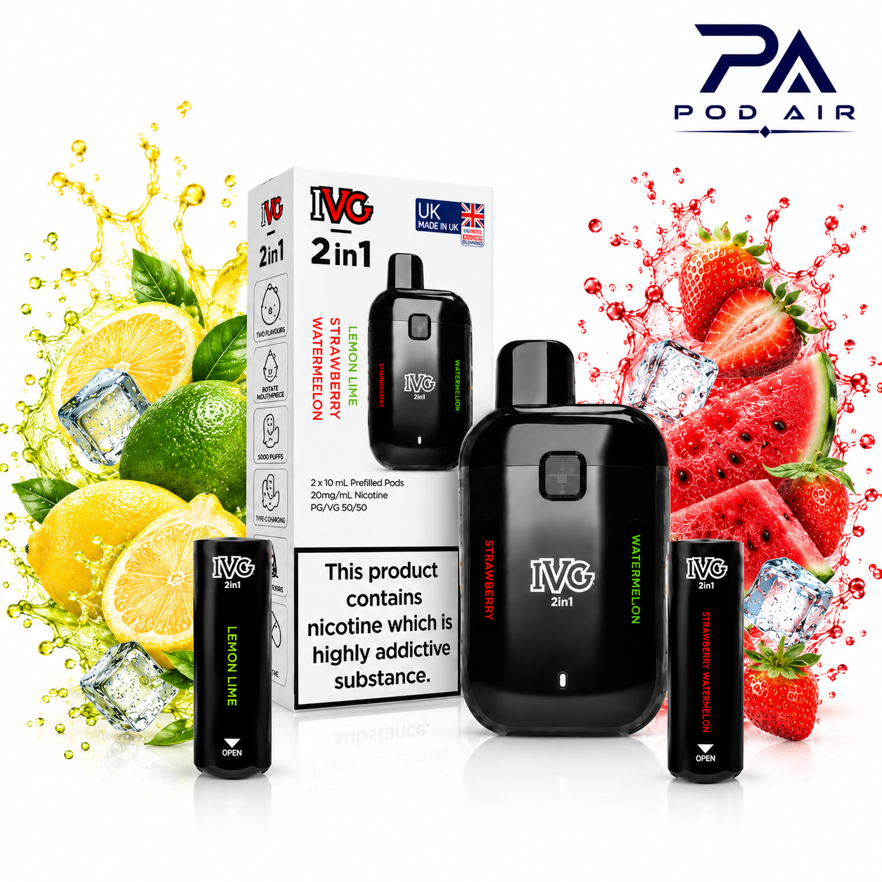پاد IVG Air 2 in 1 مشکی با دو کپسول لیمو ترش و شیرین و هندوانه توت فرنگی