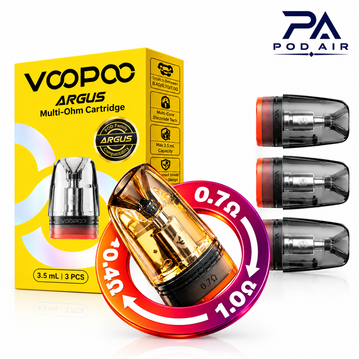 تصویر جعبه و کارتریج مولتی اهم VOOPOO ARGUS Multi-Ohm
