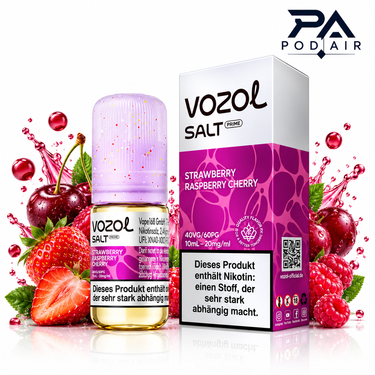 سالت توت فرنگی تمشک آلبالو وزول  | Vozol Liquid Strawberry Raspberry cherry 10ml