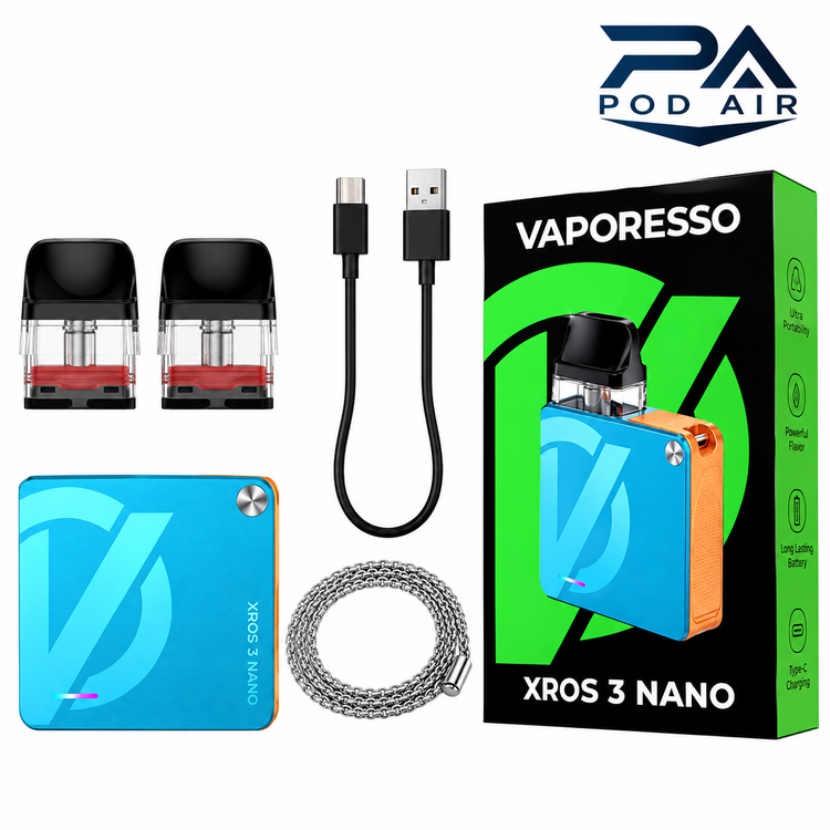 محتویات جعبه پاد VAPORESSO XROS 3 NANO شامل دستگاه کارتریج کابل Type-C و بند