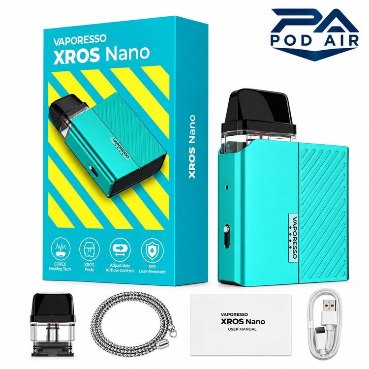 محتویات جعبه پاد VAPORESSO XROS Nano شامل دستگاه کارتریج کابل و بند
